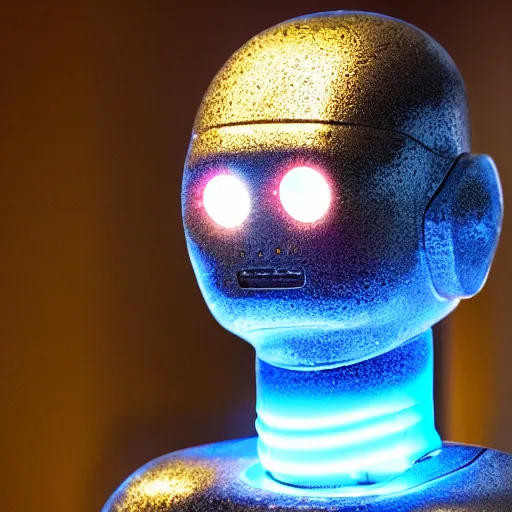 Prompt: robot that looks like a mannequin with glowing laser eyes heating up