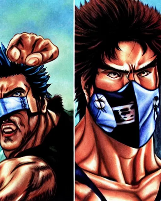 Image similar to Photograph of handsome muscular Japanese actor dressed as Kenshiro from fist of the North Star and as his brother Jaguar wearing his face mask, photorealistic, photographed in the style of Annie Leibovitz