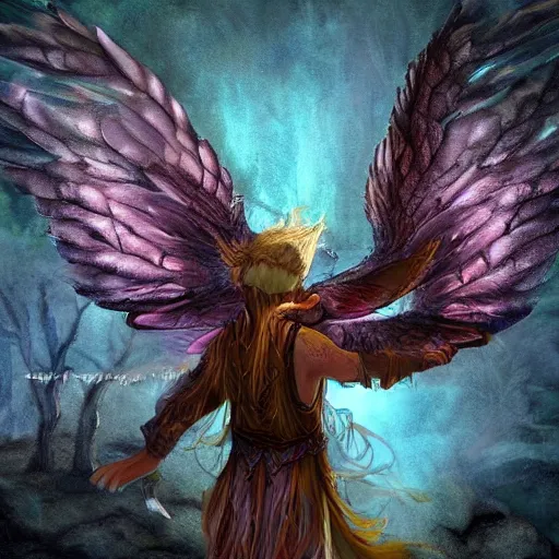 Image similar to A male fairy druid with hawk wings, D&D Art, detailed, rim light, diffused, intricate, by Tyler Jacobson