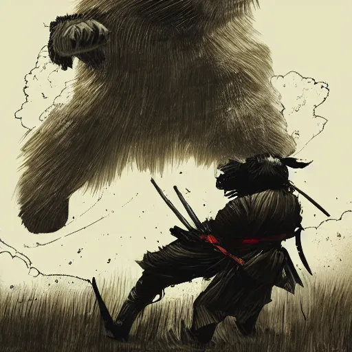 Image similar to Samurai fighting a giant bear, art by Ben Bauchau, painterly, digital art, artstation, pen and ink work. sharp focus.