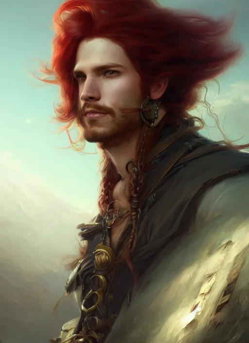 Prompt: portrait painting of a long hair red hair male pirate, soft hair steampunk airship in the sky art by raphael lacoste and stephan martiniere greg rutkowski gaston bussiere fantasy soft hair trending on artstation key art dramtic volumetric lighting, 4 k, award winning