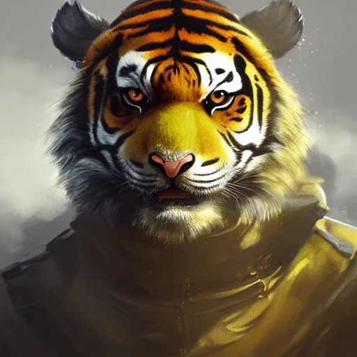 Image similar to commission portrait of a male anthro tiger wearing a black and yellow padded puffed up jacket.dramatic,character design by charles bowater,greg rutkowski,ross tran,hyperdetailed,hyperrealistic,4k,deviantart,artstation,professional photography,concept art