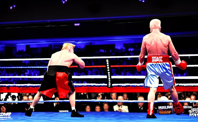 Prompt: boxing match between donald trump vs joe biden, stage lighting, political cartoon