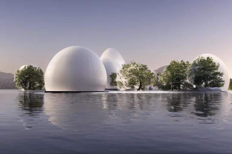 Image similar to a building composed of many white spherical egg shaped circular spaces arranged up and down. on the calm lake, people's perspective modern curved architecture, future, wood, marble, metal award winning, highly detailed 4 k art, dusk, unreal engine highly rendered, global illumination, radial light, internal environment by kazuyo sejima