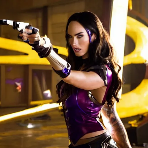 Image similar to action still of Caitlyn in KDA League of legends movie played by Megan Fox. dslr, 4k, imax, cinematic, 35mm, 4k resolution