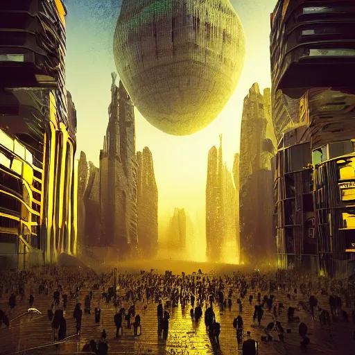 Prompt: 8 k photograph from a crowd of aliens, city, organic buildings, artstation