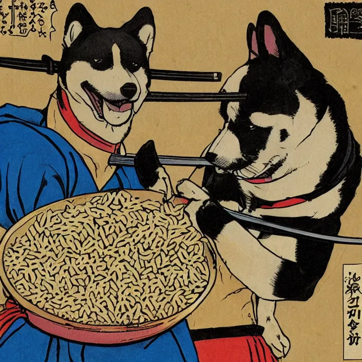 Image similar to comic book artwork of a shiba inu samurai eating a bowl of rice