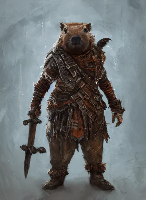 Prompt: detailed full body concept art illustration, plague style oil painting on canvas of an anthropomorphic capybara barbarian in full intricate clothing, biomutant, dystopian plague, micro detail, octane render, 4K