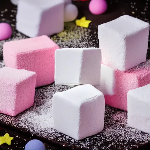 Prompt: photograph of delicious fluffy marshmallow cube with sprinkles on a dark wooden chopping board, pastel colours, professional food photography, photorealistic, depth of field, 4 k, canon 1 d, bohek