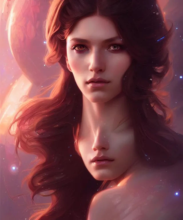 Prompt: futuristic young woman portrait, sci-fi, amber eyes, face, long hair, fantasy, intricate, elegant, highly detailed, digital painting, artstation, concept art, smooth, sharp focus, illustration, art by artgerm and greg rutkowski and alphonse mucha