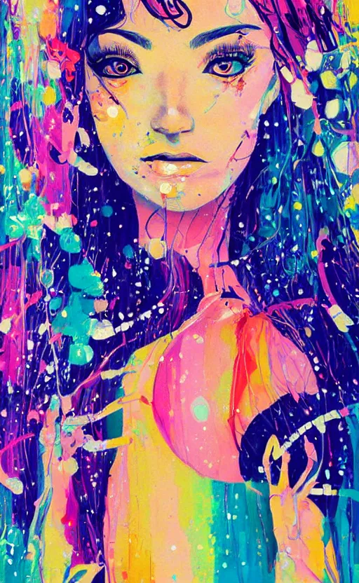 Prompt: an ultra detailed beautiful painting of a stylish woman with colorful sundress, concert poster, modern, harumi hironaka, conrad roset, greg rutkowski