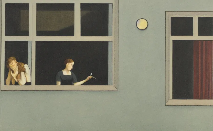 Prompt: a young woman smoking a joint out of the window of a bauhaus building, in the style of edward hopper, sad, lonely