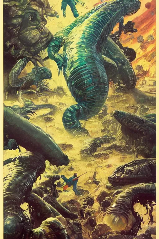 Image similar to huge slimy salamander attacks, dynamic action on alien planet, by norman rockwell, jack kirby, jon berkey, earle bergey, craig mullins, ruan jia, jeremy mann, tom lovell, marvel, astounding stories, 5 0 s pulp illustration, scifi, fantasy