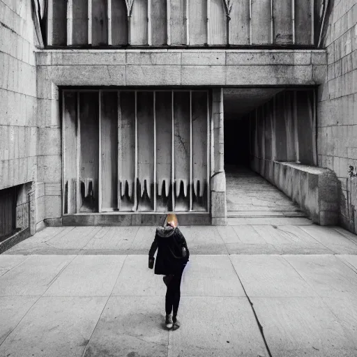 Prompt: exploring the streets of a megalopolis in the style of brutalist gothic architecture