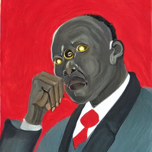 Image similar to a painting of a loving, caring fatherly wide forehead, aquiline nose, round face, XXL , generous, ever-present, humble, wise elder from Kenya in a silver suit and red tie by Kara Walker . Fatherly/daddy, focused, loving, leader, relaxed. Gold background, heavenly lights, details, smooth, sharp focus, illustration, realistic, cinematic, artstation, award winning, rgb , unreal engine, octane render, cinematic light, macro, depth of field, blur, light and clouds, highly detailed epic cinematic concept art CG render made in Maya, Blender and Photoshop, octane render, excellent composition, dynamic dramatic cinematic lighting, aesthetic, very inspirational, arthouse.