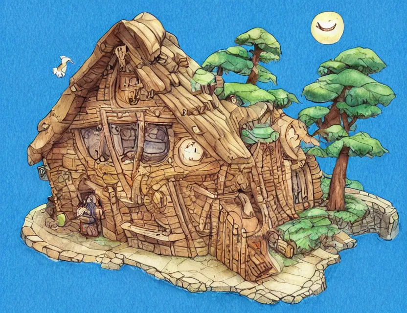 Image similar to cute and funny, a magicians cabin carved into a mountain, centered award winning watercolor pen illustration, isometric illustration by chihiro iwasaki, tiny details by artgerm and watercolor girl, sharply focused