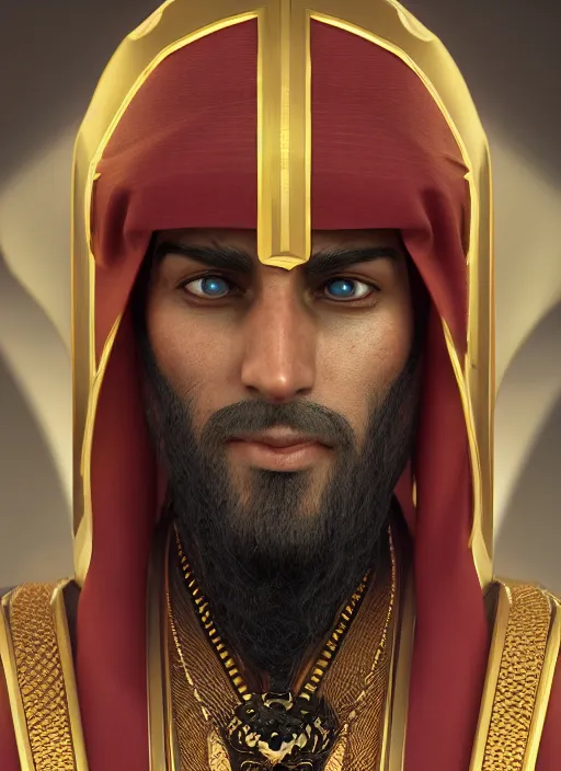 Image similar to portrait of sheikh ruler of dubai, djinn, head and torso only, cinematic lighting, studio quality, smooth render, unreal engine 5 rendered, octane rendered, art style by klimt and nixeu and ian sprigger and wlop and krenz cushart.