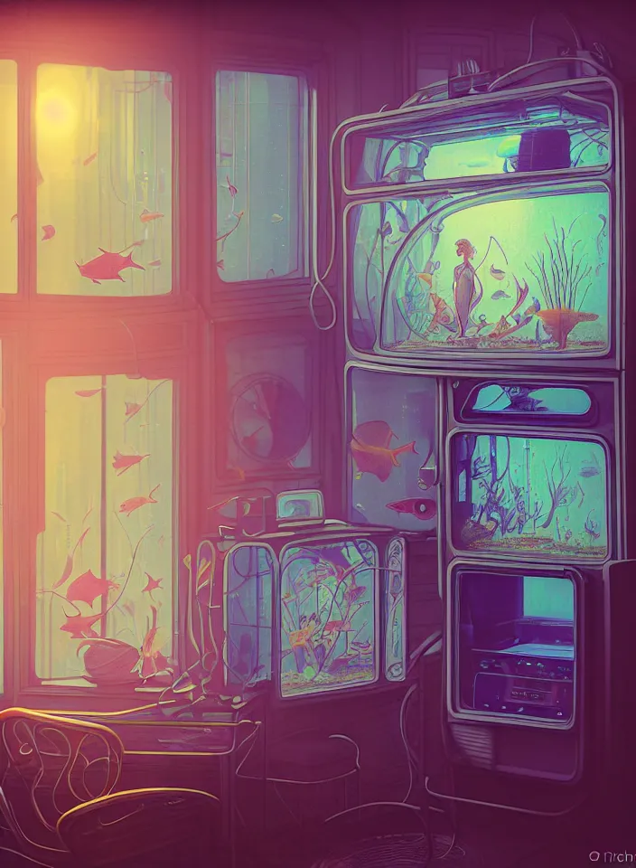 Image similar to telephoto 7 0 mm f / 2. 8 iso 2 0 0 photograph depicting the feeling of chrysalism in a cosy safe cluttered french sci - fi ( art nouveau ) cyberpunk apartment in a pastel dreamstate art cinema style. ( office with ) ( ( fish tank ) ), ambient light.