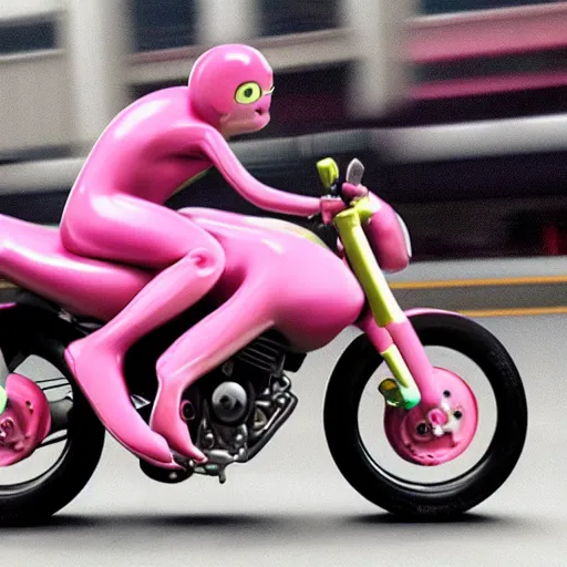 Image similar to hyper realistic, photo, humanoid pink female Squid girl, popping motorcycle wheelie on fast in the rainy city traffic