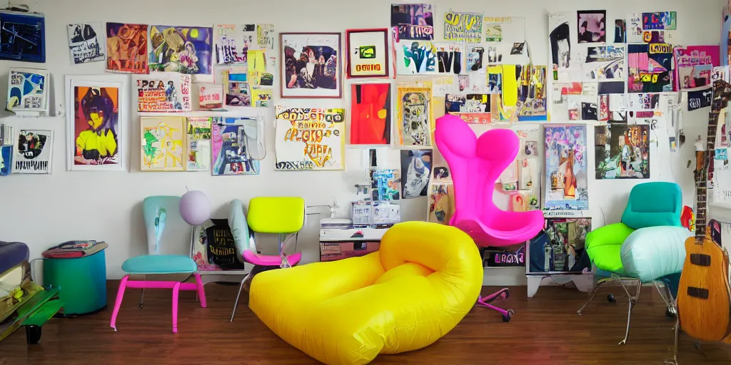 Image similar to a teens room in the 90s with inflatable neon chairs and posters on the walls, an old CRT in one corner