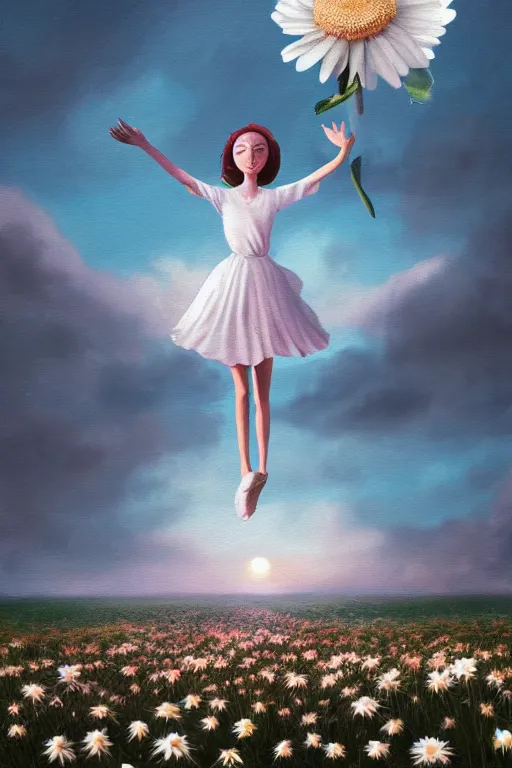 Prompt: giant white daisy flower face head, girl dancing in a flower field, surreal photography, sunrise, dramatic light, impressionist painting, colorful clouds, digital painting, artstation, simon stalenhag