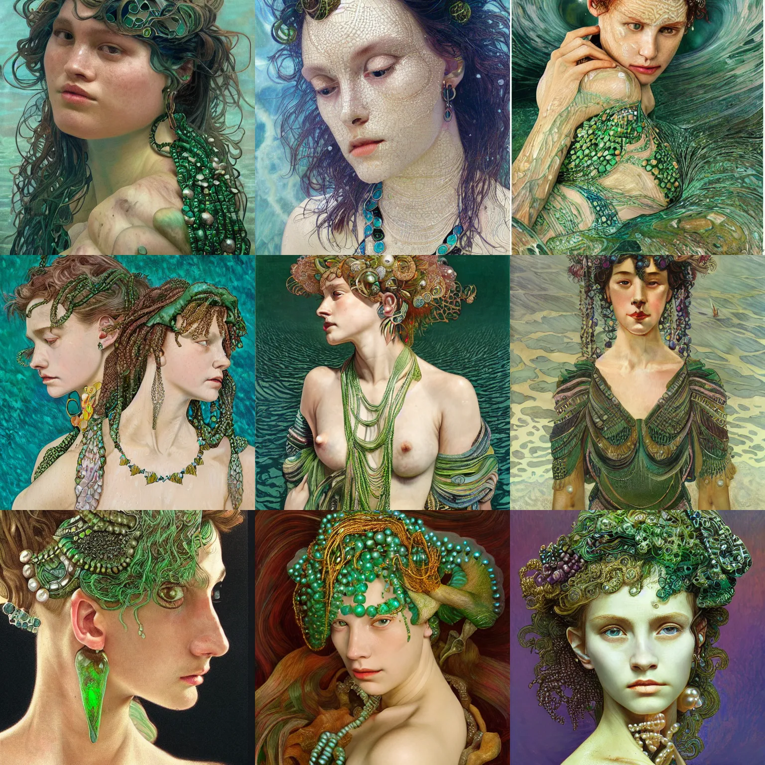 Prompt: hyperrealist, half body pearl skin, tribal green jewelry submerge in a ocean waves at night, wet by lucian freud and victo ngai and alphonse mucha very detailed faces