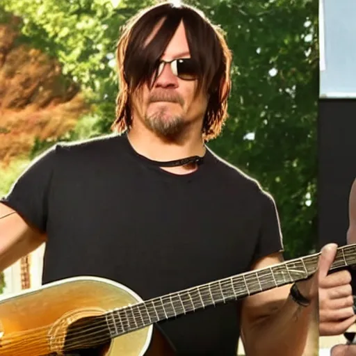 Prompt: norman reedus playing the guitar saying uhhh what wait what huh pham sandwich