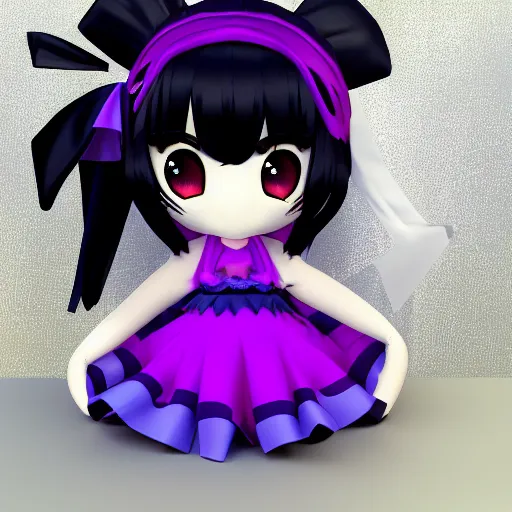 Prompt: cute fumo plush of a girl in a purple and black dazzle pattern dress, anime, character silhouette, edge glow, cel shaded pbr, vray