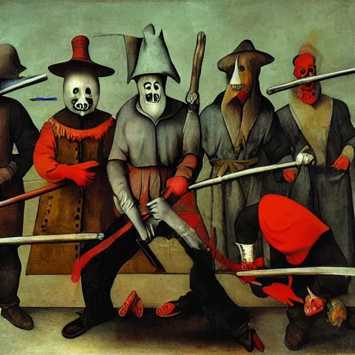 Prompt: color photo of a modern gang of plague doctors in the style of jan saudek, pieter bruegel the elder, joel peter witkin, gustave dore, heironymus bosch