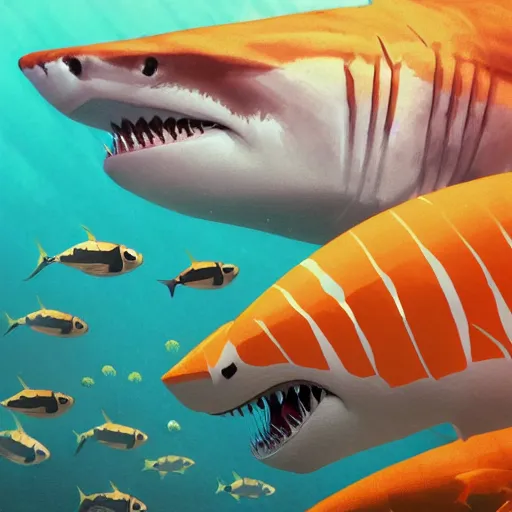 Image similar to great white shark with orange and white striped traffic cones instead of fins, underwater background detailed atmospheric - ron cheng & alphonse mucha, highly detailed, digital painting, ray tracing, concept art, illustration, smooth sharp focus, intricate, symmetry, artstation,