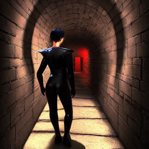 Prompt: a school boy being intimidated by a succubus in a leather suit, devi wings, cracked brick wall, long hallway, light at the end of the tunnel, volumetric lighting, concept art, detailed, dramatic lighting, by hayao miyazaki