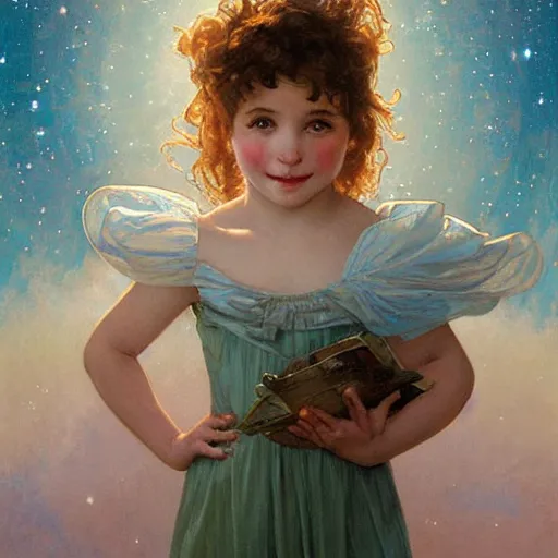 Prompt: a cute little girl with a round cherubic face, blue eyes, and short curly light brown hair smiles as she floats in space with stars all around her. She is wearing a turquoise dress. Beautiful painting by Artgerm and Greg Rutkowski and Alphonse Mucha