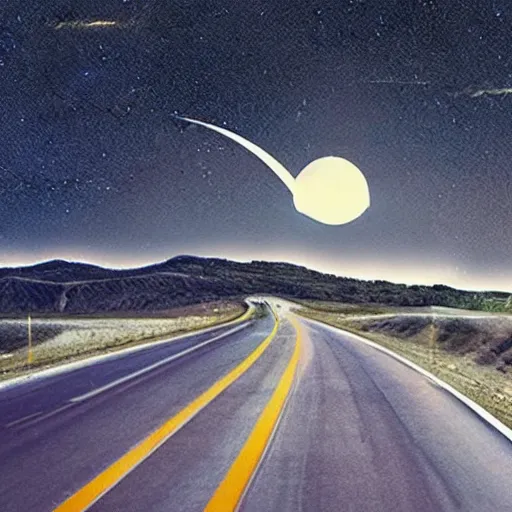 Prompt: driving at a highway from earth to the moon