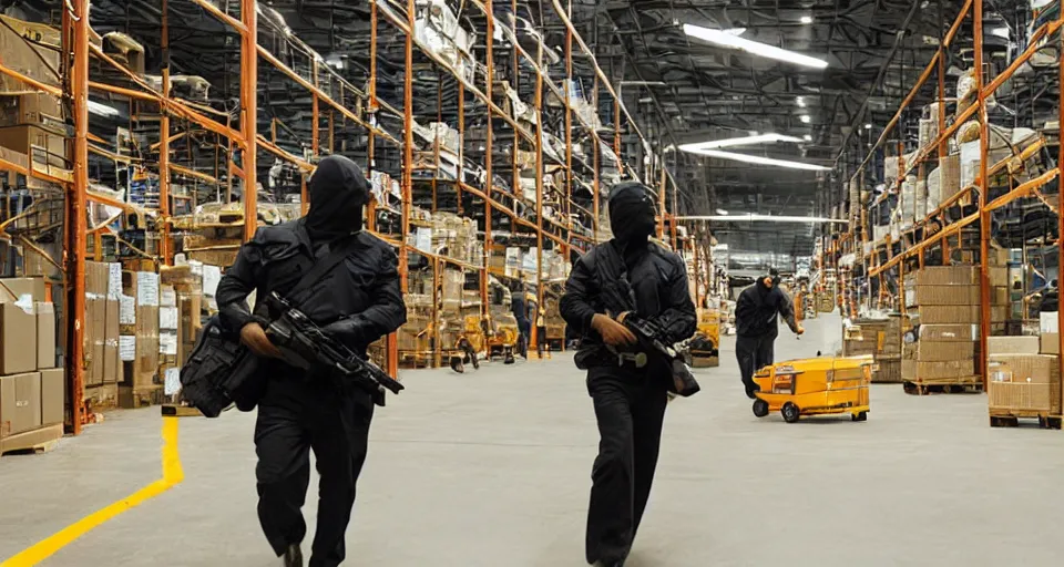 Prompt: film still of a heist movie about liberating Amazon warehouse workers