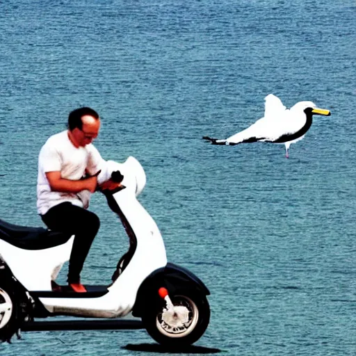 Image similar to A seagull on too of the the head of a man, the man is riding an electric scooter, he has a seagull on his head