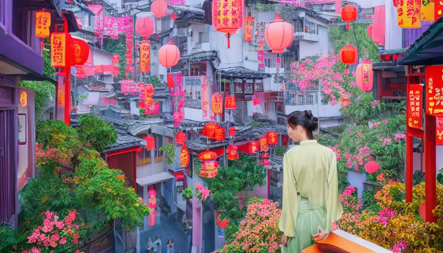 Prompt: a vibrant dream of a beautiful girl wearing a gucci kimono from behind on a hotel balcony looking out over a dreamy street in jiufen taiwan, lush plants, glowing paper lanterns, high fashion, magic details, by moebius, edward hopper, james gilleard, and james jean, hd, 8 k, trending on artstation, uhd,