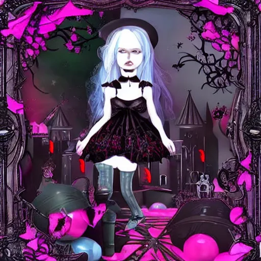 Prompt: a gothic girl in a candy world