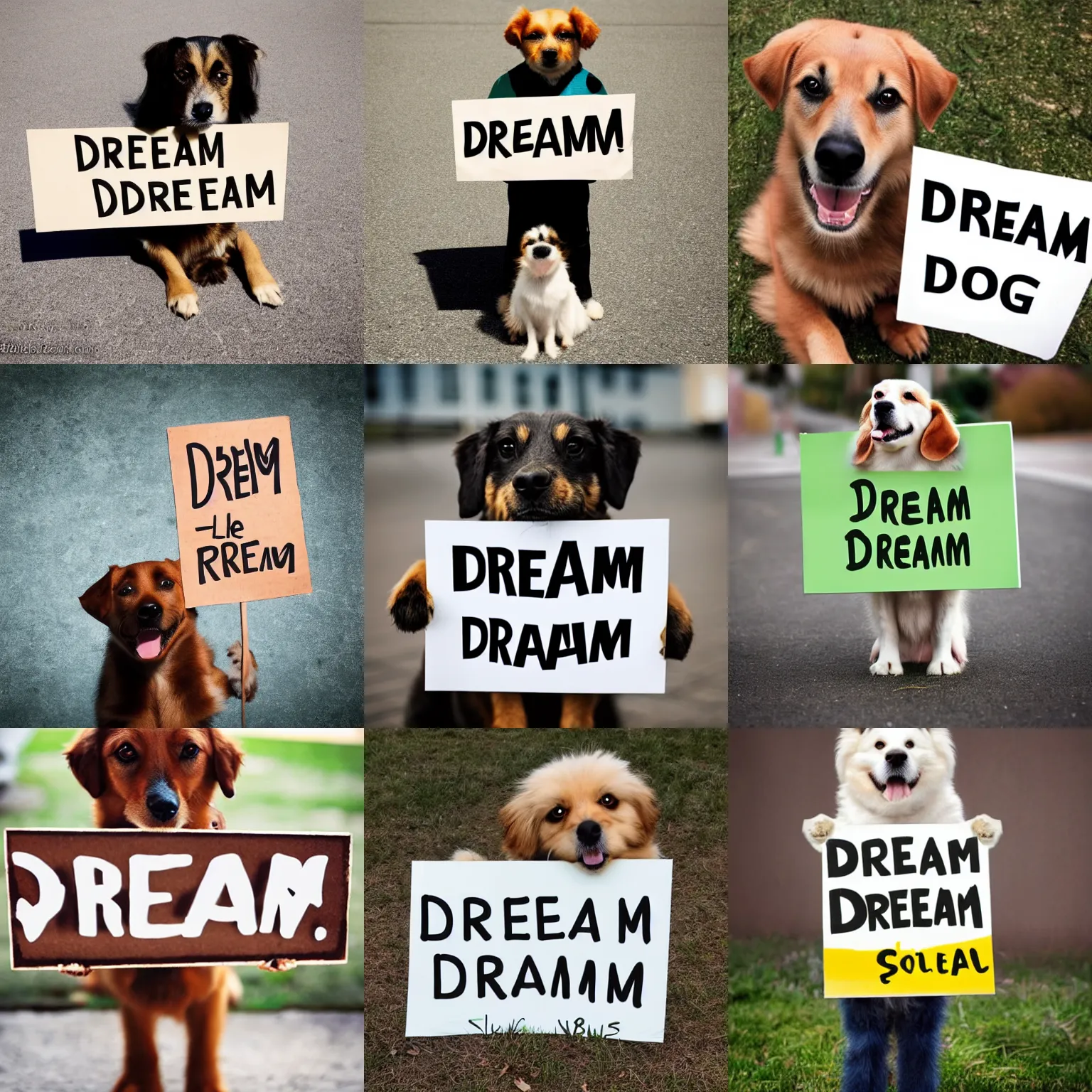 Image similar to realistic high quality photo of a cute dog holding a sign with text that reads : dream