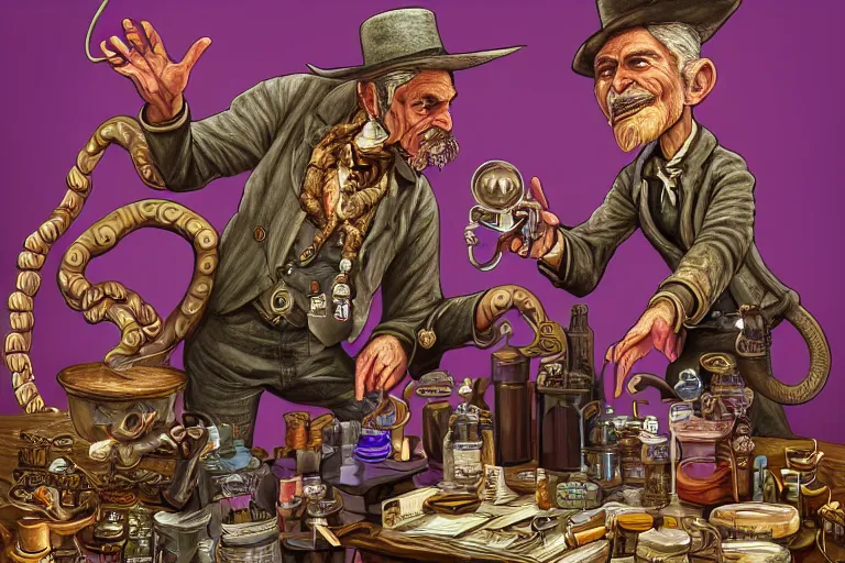 Image similar to Uncle Aloysius, snake oil salesman, wild west crypto pharmaceutical industrialist apothecary alchemist tinkerer engineer, cute, fantasy, intricate, elegant, highly detailed, digital painting, 4k, HDR, concept art, smooth, sharp focus, illustration, purple green color scheme, art by Ed Roth and H R Giger