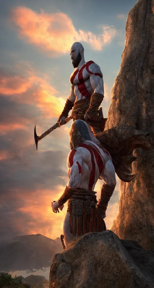 Image similar to a lonely god of war standing tall on a hill, photorealism, sunset, greek mythology