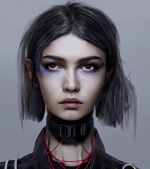 Prompt: detailed realistic female character cyberpunk wearing thick steel collar around neck, realistic, art, beautiful, 4K, collar, choker, collar around neck, punk, artstation, detailed, female, woman, choker, cyberpunk, neon, punk, collar, choker, collar around neck, thick collar, tight around neck, punk, looking at viewer,
