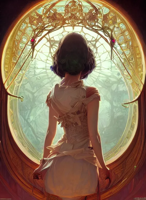 Image similar to symmetry!! alice in wanderland, machine parts embedded into face, intricate, elegant, highly detailed, digital painting, artstation, concept art, smooth, sharp focus, illustration, art by artgerm and greg rutkowski and alphonse mucha, 8 k