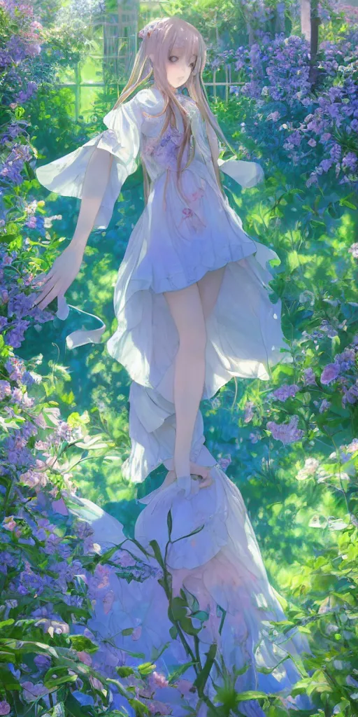 Image similar to a digital art of a loli with long hair in a dress, privet garden, after noon, green and blue and warm theme, back lighting, highly detailed, 4 k resolution, trending on art station, elegant, depressed, melancholic, by krenz cushart and mucha and akihito yoshida and greg rutkowski and makoto shinkai