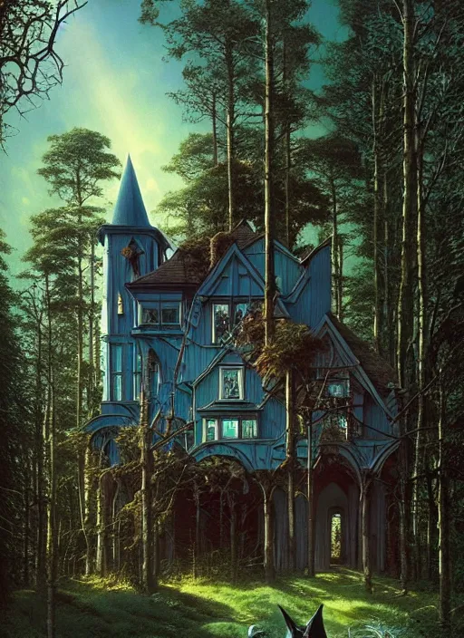 Image similar to hyper realistic witchy modern gothic house with mood lighting and tech in the woods gorgeous lighting, sunbeams blue sky, highly detailed, lush forest foliage painting by zdzisław beksinski and norman rockwell and greg rutkowski weta studio, and lucasfilm