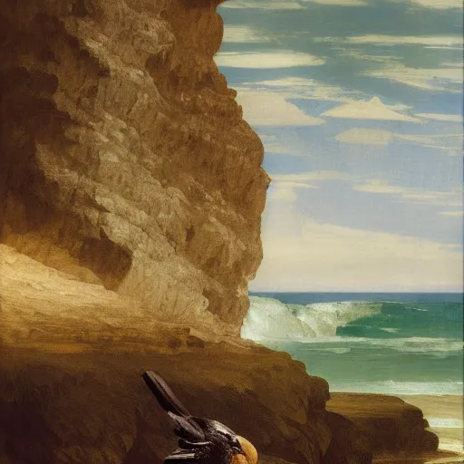 Image similar to a beautifully highly detailed close up portrait of a raven under a rock arch, coves crashing waves plants, beautiful serene sunset, detailed organic textures, by frederic leighton and rosetti and turner and eugene von guerard, 4 k