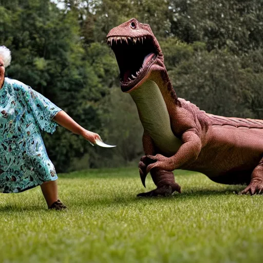 Prompt: a lady playing fetch with her pet dinosaur,