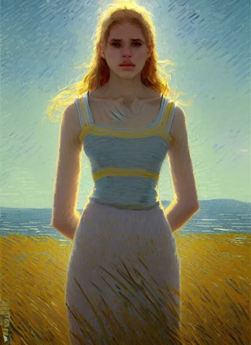 Image similar to portrait of a beautiful girl, sea dunes backdrop, sad, pastel shades of light blue and light yellow, beautiful face, rule of thirds, intricate outfit, spotlight, by greg rutkowski, by van gogh, by rineke dijkstra, digital painting