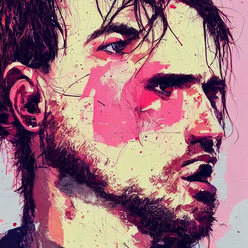 Image similar to close up portrait painting of a male musician in nineties street styling, concept art, intricate details, aesthetically pleasing pastel colors, art by conrad roset, impressionism, portrait