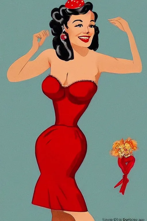 Image similar to a portrait of a beautifull woman, wearing a red dress,with a beautifull smile,in a bloe background. in american style pin up.anatomically correct