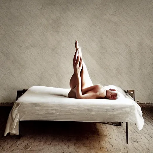 Image similar to by frieke janssens unnerving, graceful. a collage of a woman reclining on a bed.